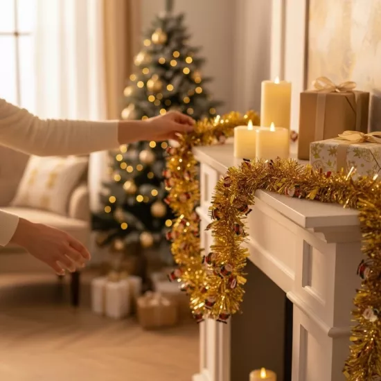 Happyland Yılbaşı Süsü Süslü Tinsel Garland Sim 2 m Gold Renk Noel Babalı Model