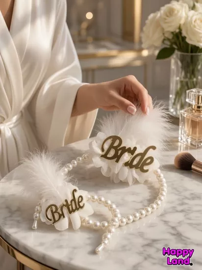 Happyland Bride İncili Taç ve Bileklik Seti Gold Detaylı Gelin Bekarlığa Veda Partisi Aksesuarı