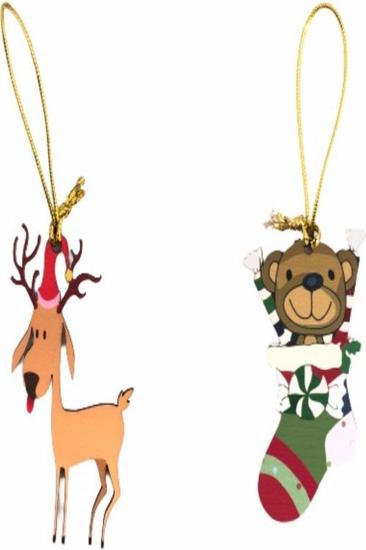 Happyland Yılbaşı Ağacı Süsü 2’li Ahşap Uv Baskılı Geyik Ve Noel Hediye Çorabı Çam Ağacı Süsü