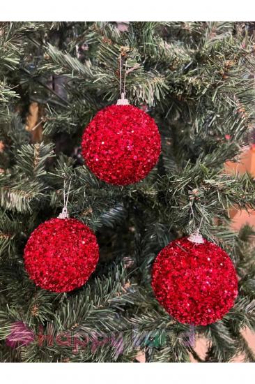 Happyland Yılbaşı Çam Ağacı Süsü Lüks 3 Adet Pullu Parıltılı Kırmızı Rengi Büyük Boy Yılbaşı Topu 