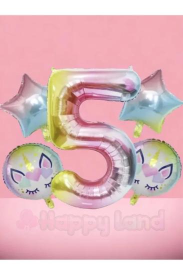 Happyland Unicorn 5 Yaş Rakam Balon Seti Unicorn Konsept Doğum Günü Balon Seti