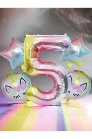 Happyland Unicorn 5 Yaş Rakam Balon Seti Unicorn Konsept Doğum Günü Balon Seti