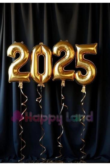 Happyland 2025 Yılbaşı Balonu Gold Renk 100 Cm Büyük Boy Folyo Rakam Balon Seti Yeni Yıl Balonları
