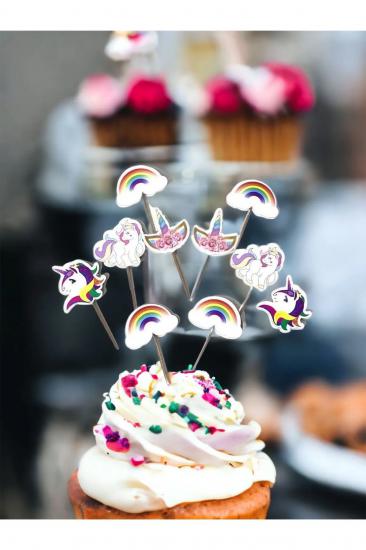 Happyland Unicorn Kürdanlı Cupcake Süsü Unicorn Kürdan Doğum Günü Süsü 20 Adet