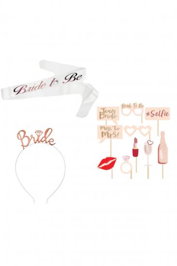 Happyland Bride To Be Partisi Beyaz - Rose Gold Bekarlığa Veda Partisi Konsept Bride 3’lü Set