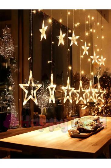 Happyland Dekoratif Led Işıklı Yıldız Perde Led Animasyonlu Yıldızlı Perde LedFişli 3Mt Günışığı 