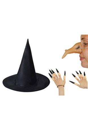 Happyland cadılar Bayramı Halloween Siyah Cadı Şapkası Burnu Ve 10 Adet Tırnak