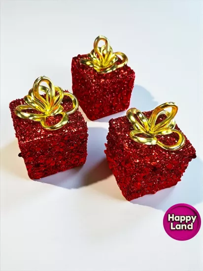 Happyland Yılbaşı Ağacı Süsü 3 Adet Kırmızı Lüks Parıltılı Hediye Paketi Asma Süs 10cm HAPPY2025108