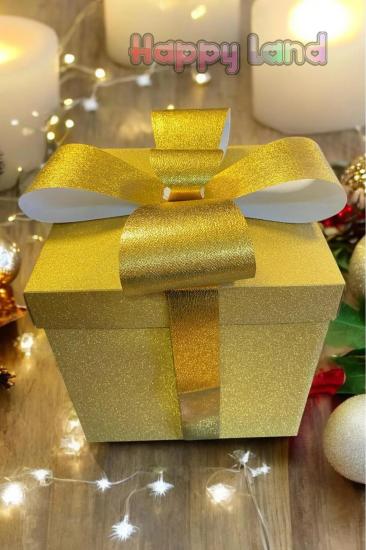 Yılbaşı Hediye Kutusu Simli Kurdeleli Kendin Yap Model Gold 25x25x25 CM