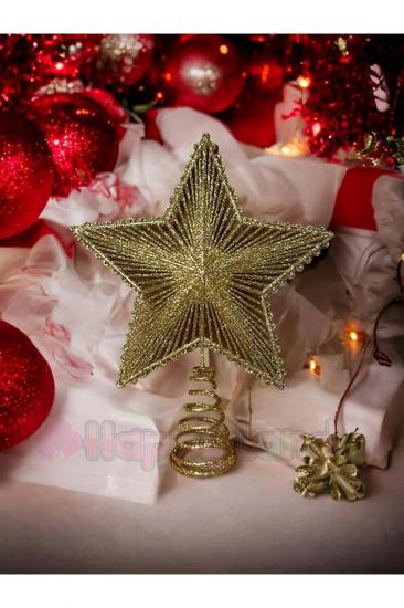 Happyland Yılbaşı Çam Ağacı Süsü Lüks Gold Yılbaşı Ağacı Tepe Yıldızı 25 Cm Ayaklı Gold Simli