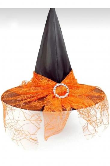 Happyland Halloween Turuncu Tüllü Cadı Şapkası Kadife Tüllü Tokalı Turuncu Siyah Model
