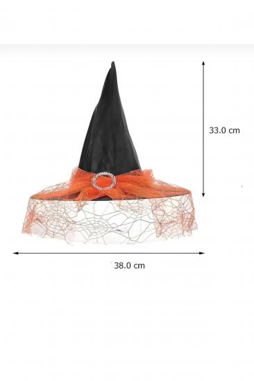 Happyland Halloween Turuncu Tüllü Cadı Şapkası Kadife Tüllü Tokalı Turuncu Siyah Model