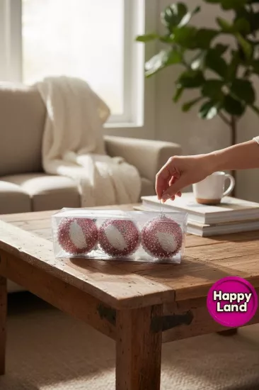 Happyland Yılbaşı Ağacı Süsü Rose Pembe Parıltılı Süslü 6 adet 8 cm Lüks Yılbaşı Topu HAPPY2025109