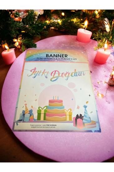 Happyland Renkli İyiki Doğdun Kaligrafi Banner Yazı Unicorn Renkli Banner Yazı