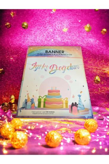 Happyland Renkli İyiki Doğdun Kaligrafi Banner Yazı Unicorn Renkli Banner Yazı