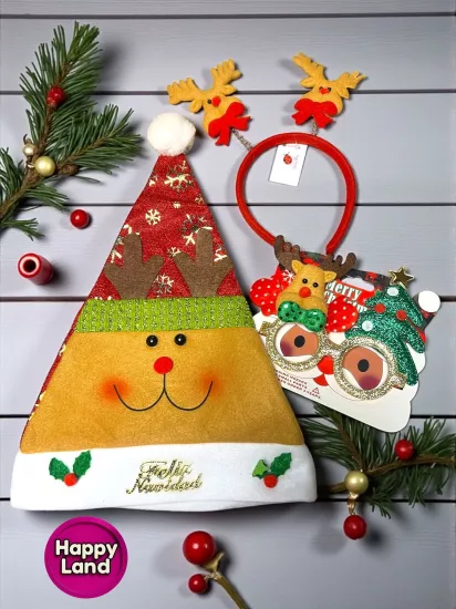 Happyland Yılbaşı Geyikli Aksesuar Seti Lüks (Geyikli Şapka,Gözlük,Taç ) Seti 3’lü