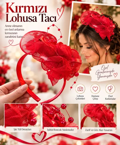 Happyland Kırmızı Tüllü Fiyonk Detaylı Lohusa Tacı Kına Tacı - Baby Shower Tacı & Doğum Fotoğrafçılığı