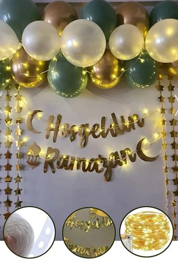 Happyland Hoşgeldin Ramazan Gold Yazı Ledli Zincir Balon Seti Ramazan Bayramı Oda Süsleme Seti
