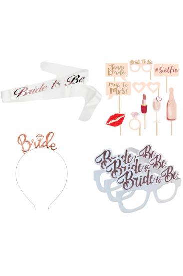 Happyland Bride To Be Partisi Beyaz - Rose Gold Bekarlığa Veda Partisi Konsept Bride 4’lü Set