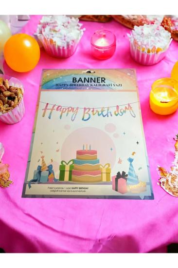 Happyland Renkli Happy Bırthday Kaligrafi Banner Yazı Unicorn Renkli Banner Yazı