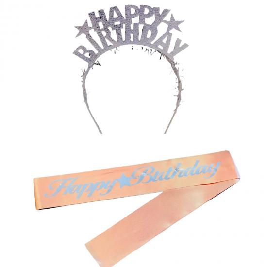 Happyland Happy Birthday Yazılı Gümüş Taç + Rosegold Kuşak Seti 2’li Doğum Günü Set