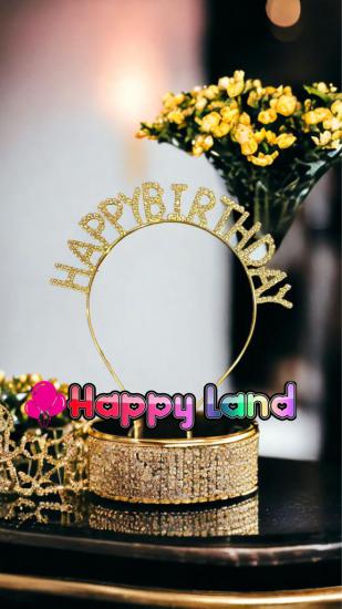 Happyland Gold Renk Lüks Kristal Taşlı Happy Birthday Parti Taç 17*16 cm Doğum Günü Partisi Tacı