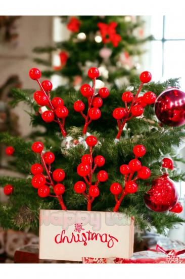 Happyland Kokina Kırmızı Berry Yılbaşı Ağaç Süsü 6 adet 10 cm Yeni Yıl Kokina Süs Kiraz Dalı 