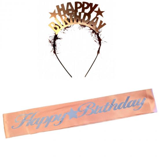 Happyland Happy Birthday Yazılı Rosegold Taç + Kuşak Seti 2’li Doğum Günü Set