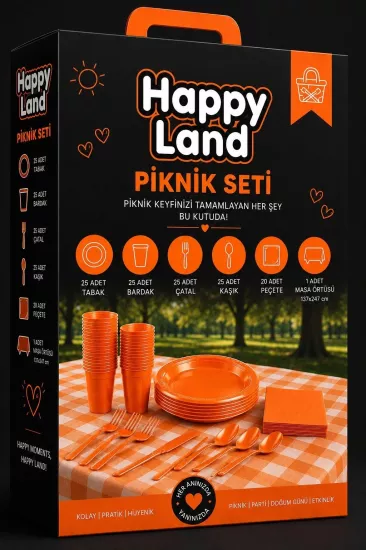 Turuncu renkte plastik piknik seti, 25 kişilik; tabak, bardak, çatal, kaşık, peçete ve masa örtüsü ile eksiksiz.