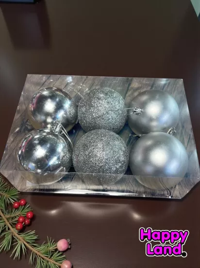 Happyland Yılbaşı Çam Ağacı Süsü 8 cm 6’LI Gümüş Renk Yılbaşı Topu Büyük Boy Yılbaşı Topu HP128