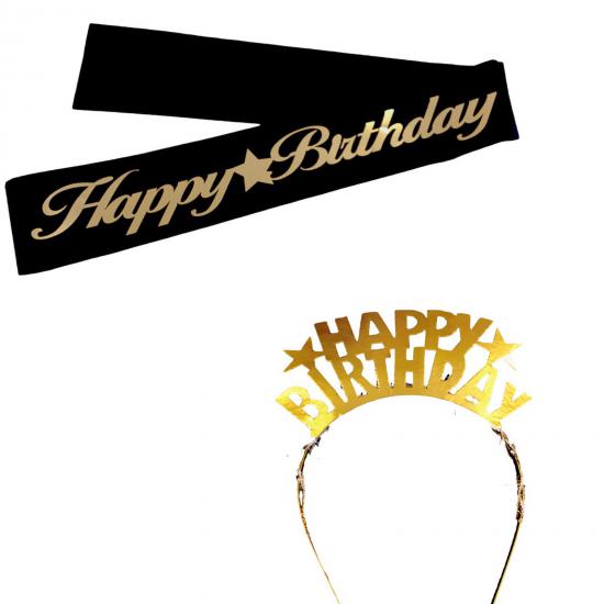 Happyland Happy Birthday Yazılı Gold Taç + Siyah Kuşak Seti 2’li Doğum Günü Set