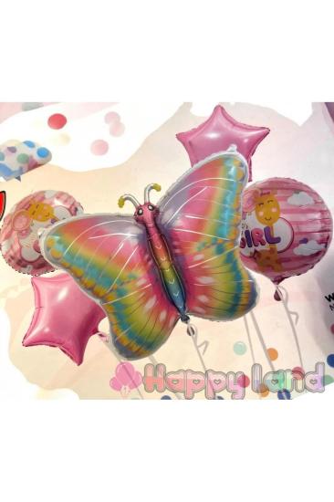 Happyland Kelebek Folyo Balon Seti 5’Lİ Pembe Kelebek Temali Doğum Günü Partisi Folyo Balonlar