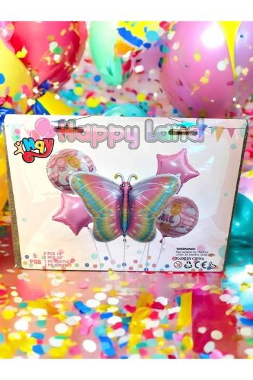 Happyland Kelebek Folyo Balon Seti 5’Lİ Pembe Kelebek Temali Doğum Günü Partisi Folyo Balonlar