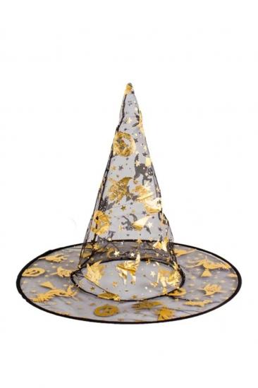 Happyland Halloween Gold Renk Baskılı Çift Taraflı Desenli İnce Tül Cadı Şapkası 1 Adet Cadı Şapka