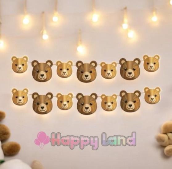Happyland Ayıcık Karakterli Dekoratif Banner Duvar Süsü Retro Ayı Konsept Doğum Günü Parti Süsleri