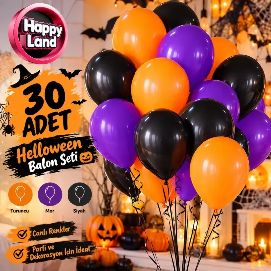 Happyland 30 Adet Halloween Cadılar Bayramı Mor, Siyah, Turuncu Parti Balonu, Halloween Parti Süsleri