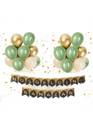 Happyland Hoşgeldin Ramazan Balonlu Set Zigzag Banner Krom Gold Küf Yeşili Balon Seti