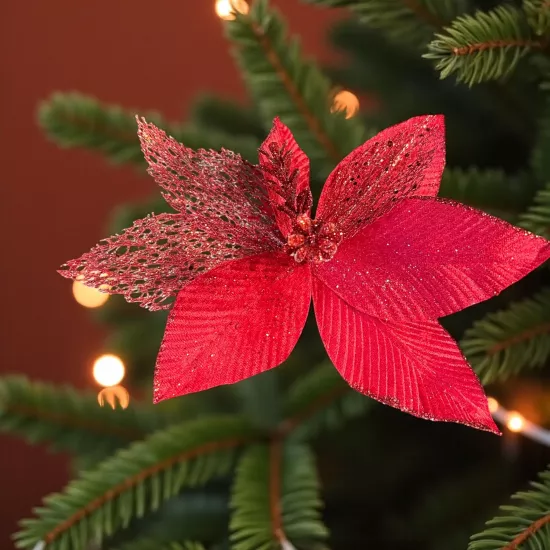 Happyland Yılbaşı Ağacı Süsü Kırmızı Simli Ponsetya Çiçek 28 CM HPY26079