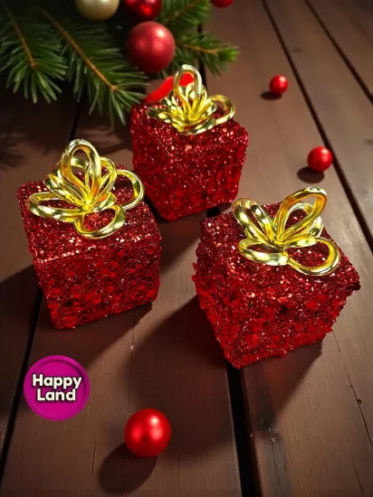 Happyland Yılbaşı Ağacı Süsü 3 Adet Kırmızı Lüks Parıltılı Hediye Paketi Asma Süs 10cm HAPPY2025108