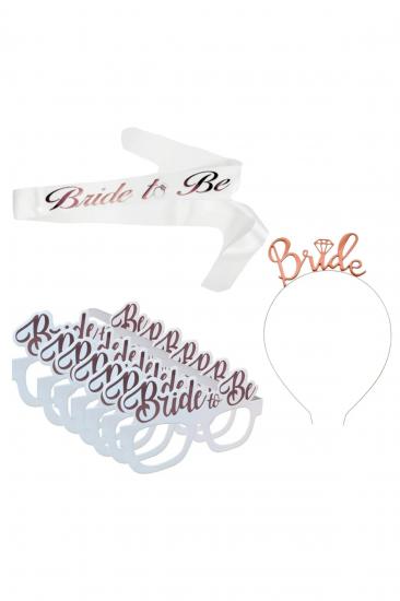 Happyland Bride To Be Beyaz - Rose Gold Bekarlığa Veda Partisi Konsept Kuşak + Gözlük + Taç 3’lü Set