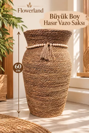  Hasır Örgü Dekoratif Saksı 1 Adet Büyük Boy Vazo Saksı 60 cm BM37 Bohem Boncuk ve Püskül Detaylı Doğal Görünümlü Saksılık