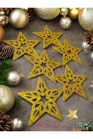Happyland Yılbaşı Çam Ağacı Süsü Gold Yıldız Simli Eva Süs 6 adet 10 CM