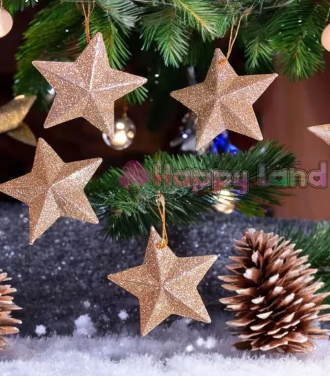 Happyland Yılbaşı Ağacı Süsü 4’lü Gold Renkli Yıldız Süs 7 cm Yıldız Çam Ağacı Süsü