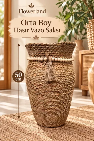 Hasır Örgü Dekoratif Saksı 1 Adet Orta Boy Vazo Saksı 50 cm BM38 Bohem Boncuk ve Püskül Detaylı Doğal