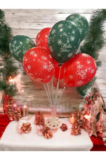 Happyland Yılbaşı Balon Seti 7’li Balon Standı +7 Adet Kırmızı Yeşil Baskılı Yılbaşı Balonu