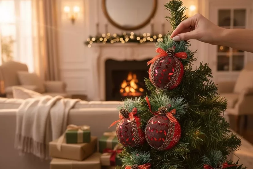 Happyland Yılbaşı Ağacı Süsü Lüks Desenli Ekose Kırmızı Yılbaşı Toplu 3 Adet 8 cm HPY26054