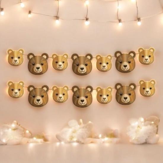 Happyland Ayıcık Karakterli Dekoratif Banner Duvar Süsü Retro Ayı Konsept Doğum Günü Parti Süsleri