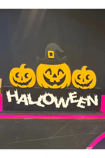 Happyland Halloween Ahşap Dekor Süsü 3’lü Balkabağı Model Masa Üzeri Happy Halloween Dekor Süs 30 Cm