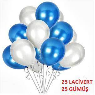 50 Adet Metalik Sedefli Kaliteli Balon - 25 Lacivert 25 Gümüş