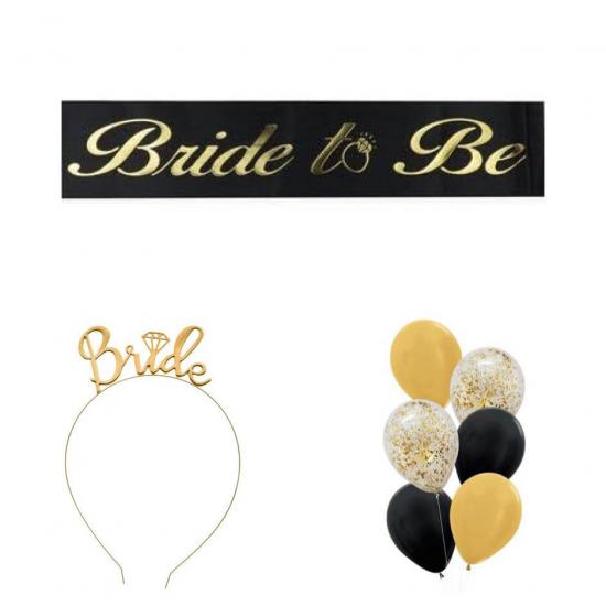 Happyland Bride To Be Bekarlığa Veda Siyah Gold Taç Kuşak Balon 3’lü Set
